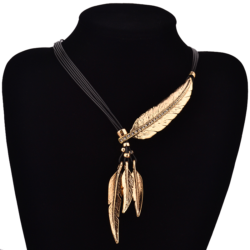 Image of Fashion Bohemian Style Black Rope Chain Feather Pattern Pendant Necklace For Women Fine Jewelry Collares Statement Necklace