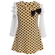 Newly Summer Sweet Scoop Han Edition Scoop Neck Long Sleeve Bowknot Dot Stitching Color Girls Dress Kids Princess Clothes