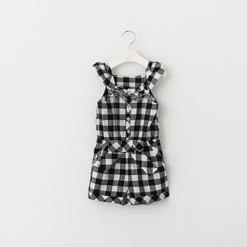 2016 New Style Girl Overalls Black White Plaid Fashion Cotton Summer One Piece Sets 2-7T 512921