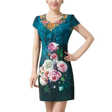 L~5XL 2016 New Fashion V-neck Flower Embroidery Print Large Size Slim Bodycon Bandage Tunic Thin Midi Women Summer Dress ZL3174