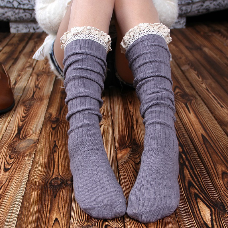 Women Socks Lace Decoration Cotton Knitted Socks Knee-high Screw Thread Long Socks 3 Colors 80% Cotton Janpanese Style