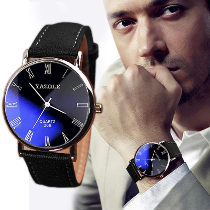 Hot sale Luxury Black Fashion Faux Leather Mens Quartz Analog Watch Watches Relogio Masculino