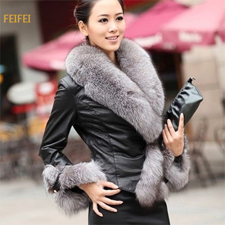 Stylish blouson cuir femme Womens Winter Warm Faux...