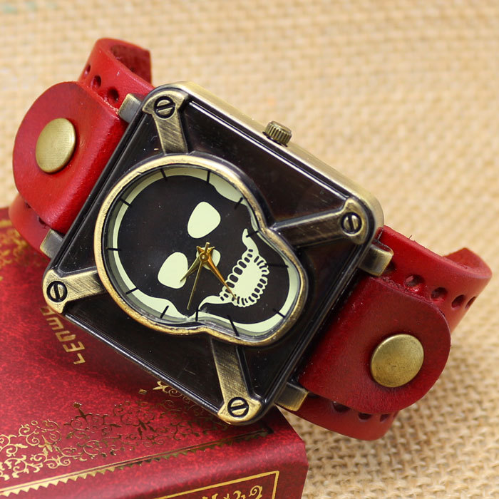 Retro Genuine Leather Vintage Skull Skeleton Bracelet Wrist Watch Punk Men Boy