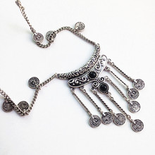Boho vintage ethnic black stone pendant necklace coin bib choker necklace turkish silver long tassel jewelry