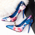 Thin Heels Pumps Women Shoes Spring Summer Print Flower High Heels Shoes Floral Pointed Toe Heeled