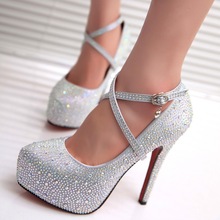 2015 Fashion Crystal Rhinestone High Heels Silver Stiletto Women Platform Bride Red Wedding Shoes