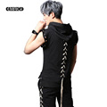Street Fashion Punk Hiphop Style Men Short Sleeve Hooded T shirt Rivet Belt Male Slim Fit