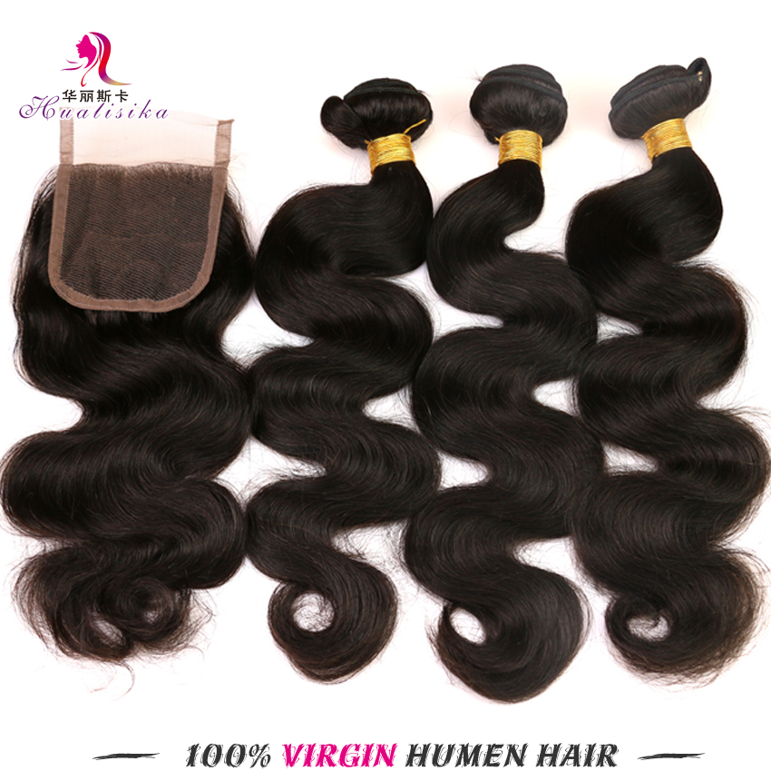 Available Indian Body Wave With Closure Top Hair Extension Body Wave Best Queen Hair Products 6A Cheap Hair Closure 3pcs #1B