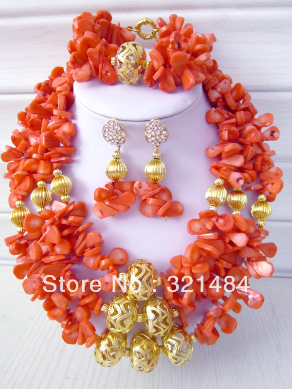 New Pink Coral Beads Jewelry Set Handmade African Wedding Jewelry Necklace Bracelet And Clip Earrings CJS-047