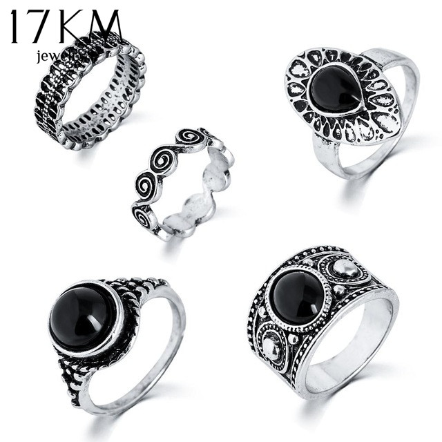 Image of 5 PCS Vintage Ring Sets Antique Alloy Nature Blue Stone Midi finger Rings for Women Steampunk Turkish Ring Anillos Dropship