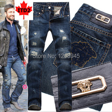 Fashion Denim Trousers Men’s Distressed Jeans Patches Pants Male Straight Leg Europe Famous