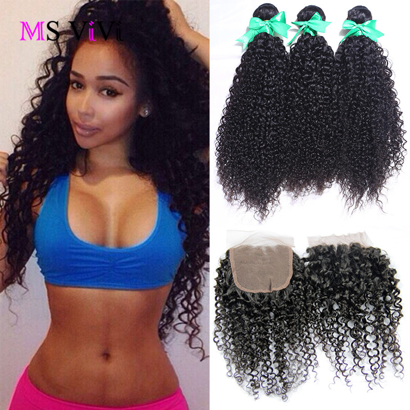 Image of 6a Brazilian Virgin Hair With Closure 4pcs/Lot Brazilian Kinky Curly Virgin Hair With Closure Brazilian Human Hair With Closure