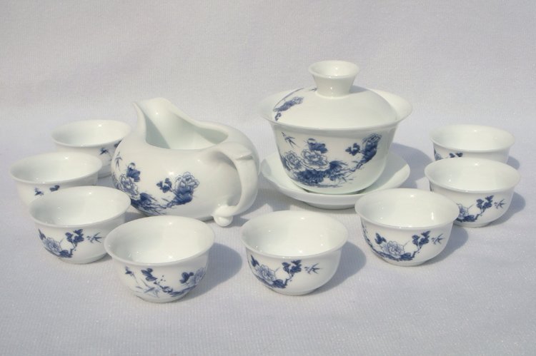 10pcs smart China Tea Set Pottery Teaset Blue Peony A3TM18 Free Shipping