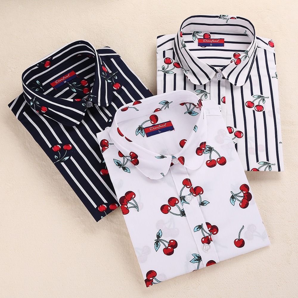 Image of New Floral Blouse Cherry Turn Down Collar White Shirt Blusa Feminina Long Sleeve Vintage Ladies Blouses Womens Tops Fashion 2015