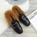 2016 Winter Square Toe Flats Women Plush Cotton Shoes Rabbit Hair Slip On Buckle Boots Fashion