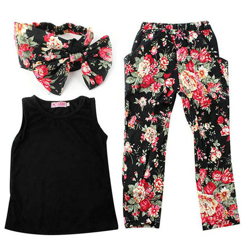 Lovely Summer Kids Girls Headband Floral T Shirt Vest Colorful Pants Outfits