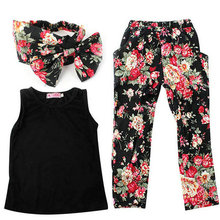 Lovely Summer Kids Girls Headband+Floral T-Shirt/Vest+Colorful Pants Outfits