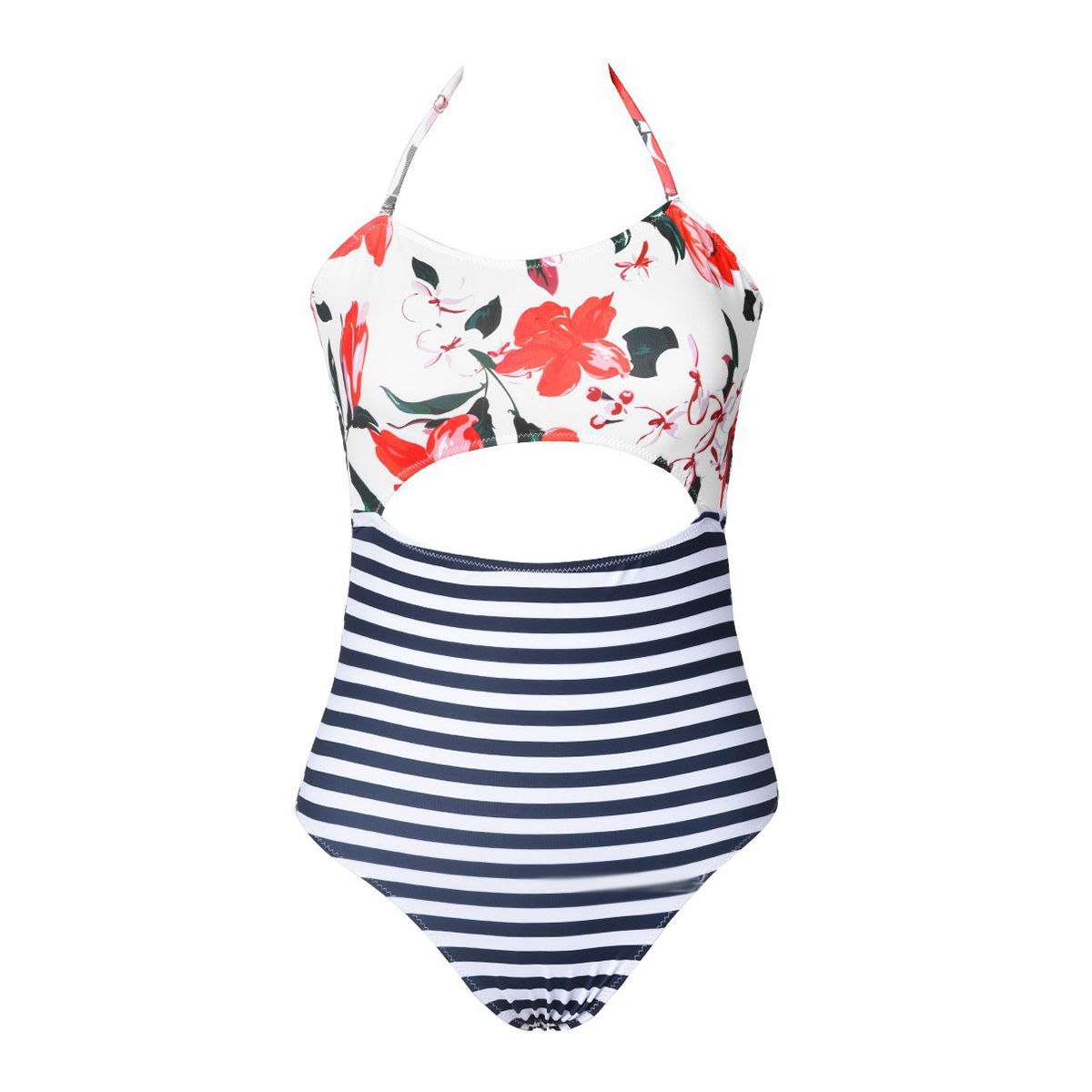 floral and striped bathing suit