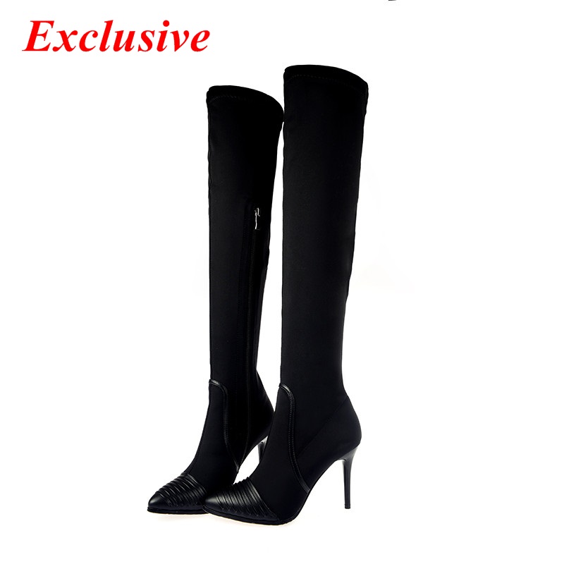 Woman Thin Heels Knee boots Winter Short Plush Cowhide Pointed Toe Long Boots Black Fashion High Quality Thin Heels Knee boots