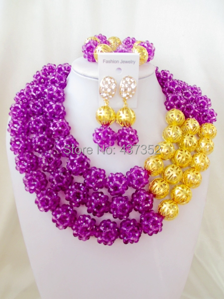 Luxury! Purple crystal ball costume jewellry nigerian wedding african beads jewelry set ABC202