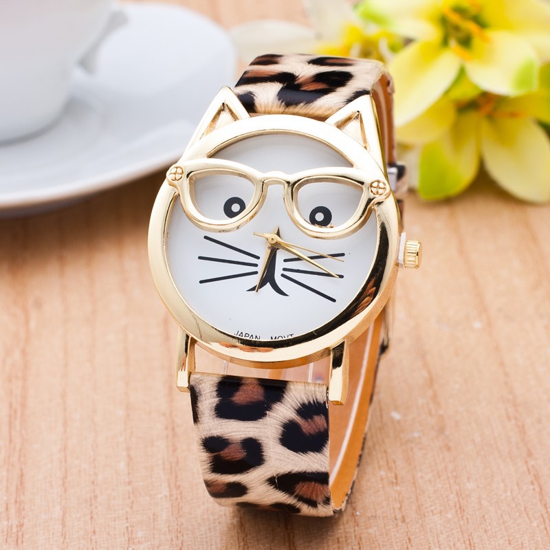 Image of Cat Watch With Glasses Fashion Women Quartz Watches Reloj Mujer 2016 Relogio Feminino Leather Strap New Hot montre LZ106