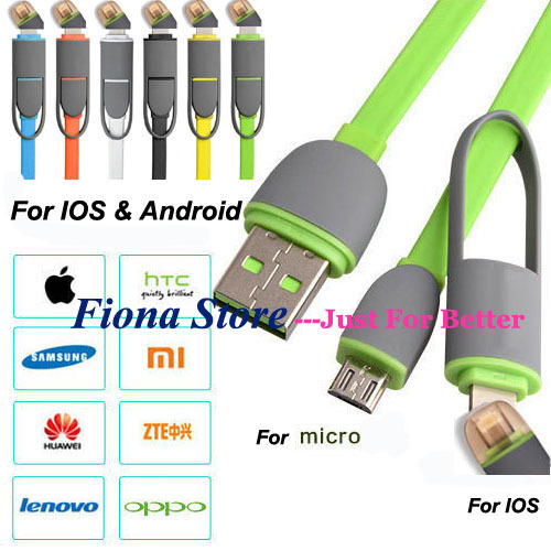 1M 2015 New high quality Micro usb + 8pin USB 2 in 1 Sync Data Charger Cable for iPhone 5s 6 plus ipad(ios 8) For Samsung HTC