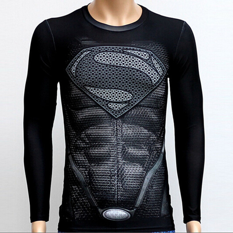 2015 New Sport Fitness Compression Shirt Men Superman Bodybuilding Long Sleeve 3D T Shirt Gym Crossf