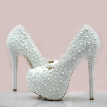 lace flower wedding shoes white pearl high-heeled bridal shoes rhinestone Elegant women pumps