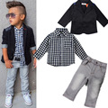 2016 new England fashion casual plaid shirt jeans jacket suits baby boy toddler clothing sets