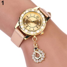 Mujeres de piel de serpiente imprimir chapados en oro de pavo real malla Rhinestone pulsera de cuarzo 2DBL