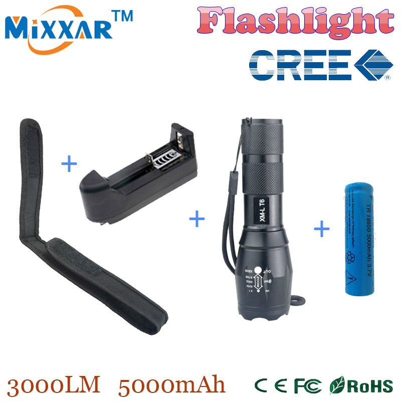RUZK20 3000 lumens CREE XM-L T6 Led flashlight 5 modes torch + 1 *18650 5000mAh battery + EU/US Charger + black Flashlight cover