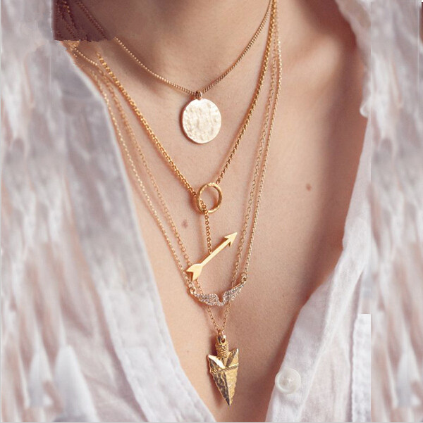 style 4 layer arrow design necklace pendant charm gold choker necklace ...