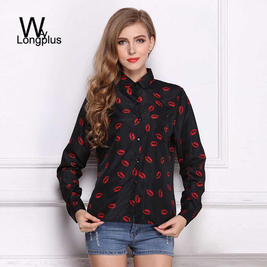 Image of 2016 Spring New Fashion Women's Blouses Red Lips Print Chiffon Casual Lady Shirt White Stand Collar Button Long Sleeve Blouse