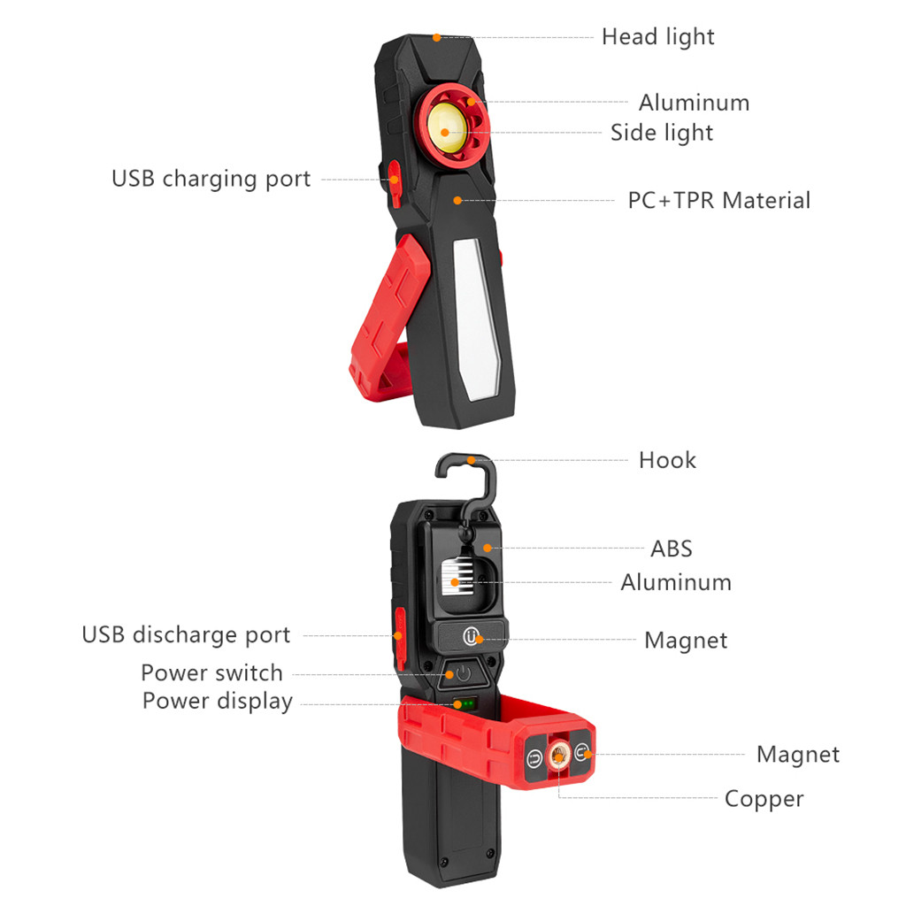 USB Rechargeable COB LED Slim Work Light Lamp Flashlight Inspect Folding Torch