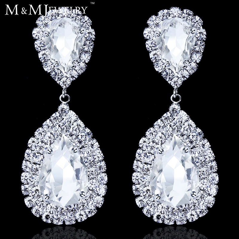 Image of Teardrop Crystal Bridal Silver Long Drop Earrings for Women Imitated Gemstone Jewelry Wedding Jewelry EH003