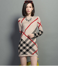 2014 new autumn and winter women’s fashion British style sweater dress hit the color sub- sleeved wool dress Slim