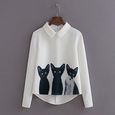 Image of Fashion 2015 New Brand Women's Loose Chiffon Three Cats Tops Long Sleeve Casual Blouse Autumn Shirts High Quality
