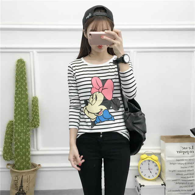 T Рубашки Женщины Camisas Femininas 2016 Осень Harajuku Kawaii Мультфильм Микки Полоса Топы С Длинным Рукавом Футболки Женщины Футболка Femme