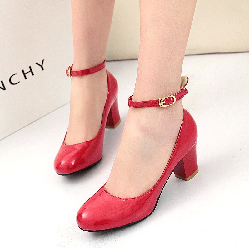 New 2014 sweet patent leather ankle strap round toe thick heels women pumps medium height ladies