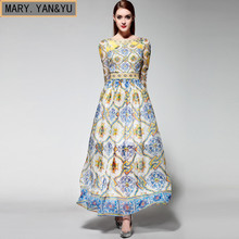 Family Matching Outfits runway dress Europe station 2016 spring summer women porcelain large long sleeved dress brand dress