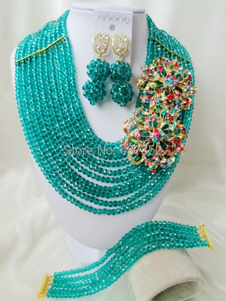 Amazing Peacock Teal Green Crystal Necklaces Nigerian Wedding African Beads Jewelry Sets 2015 New Free Shipping NC357