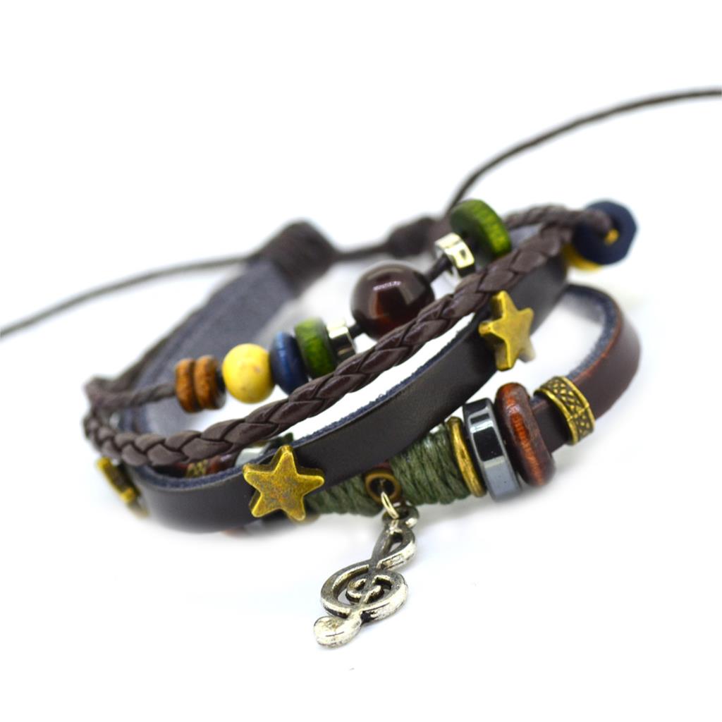 Vintage Retro Handmade Bohemia Wooden beads Adjustable Leather Bracelet For Women Men Unisex Jewelry Star Silver
