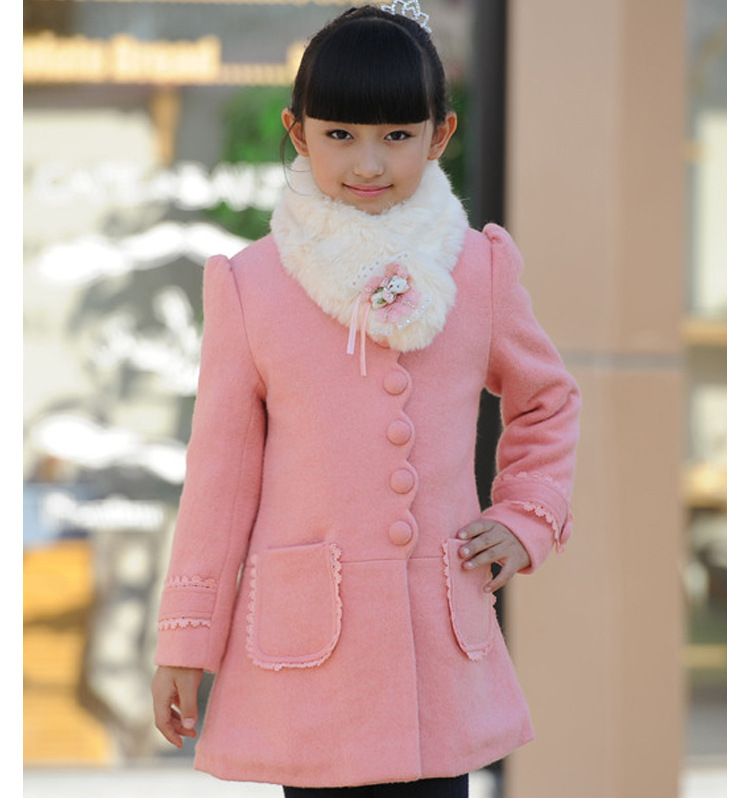 2015 New Hot Sale Warm Wool Single-breasted Collar Winter Girls Coats Outdoor Clothing With Bow Kids Clothes Free Shipping
