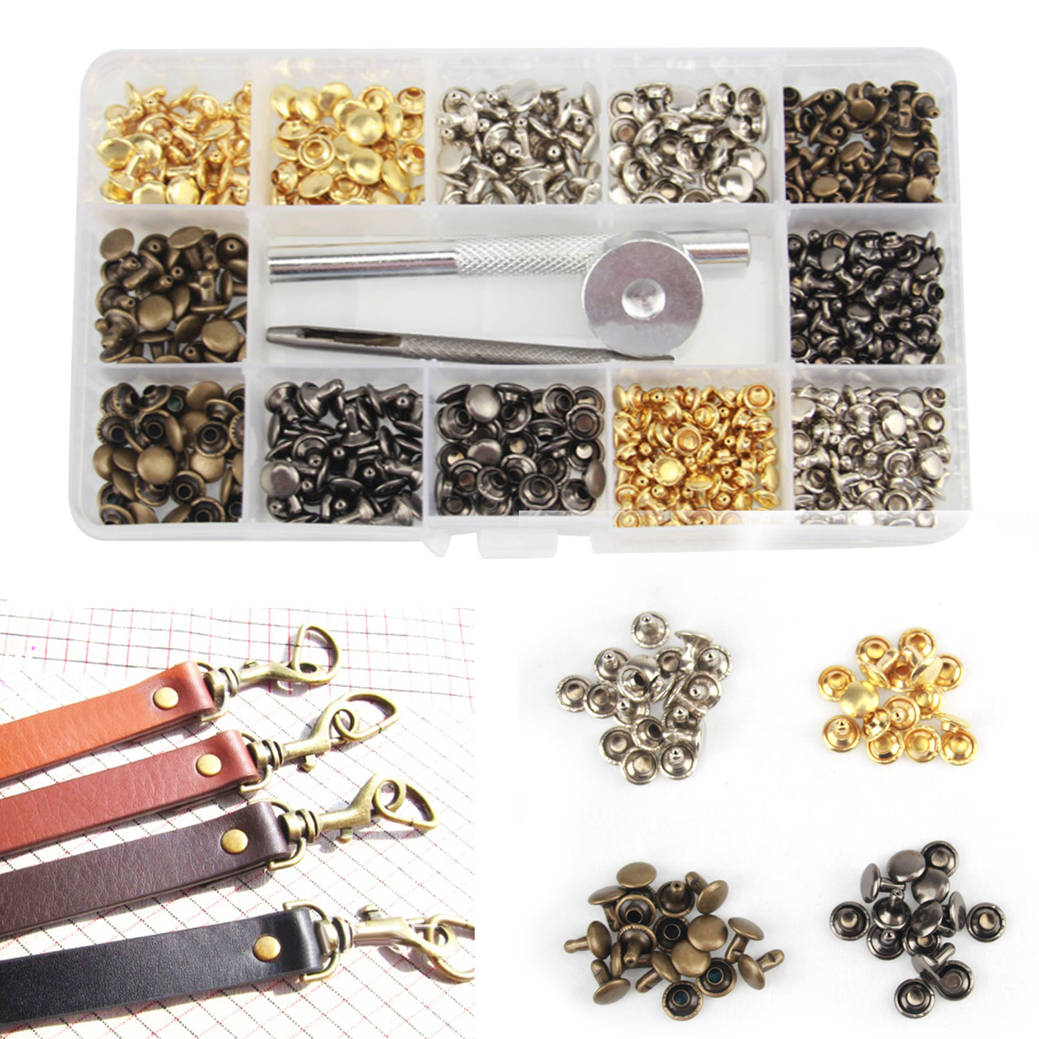 300 un 5mm//6mm Doble Tapa Remache Fijación de Metal Kit De Herramientas Kit de reparación de artesanía de cuero