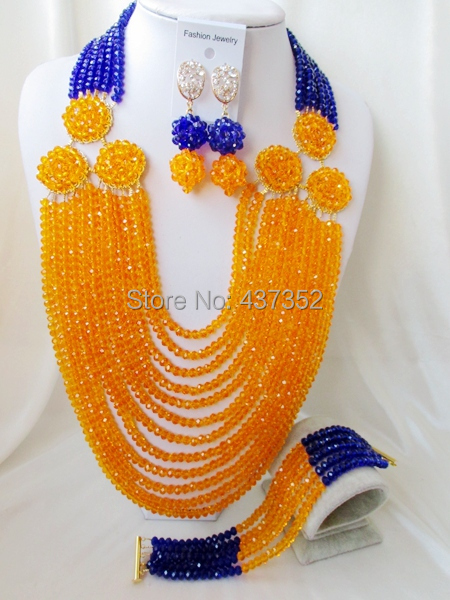 New Arrived! Royal blue orange costume nigerian wedding african beads jewelry sets crystal beads necklaces NC2197