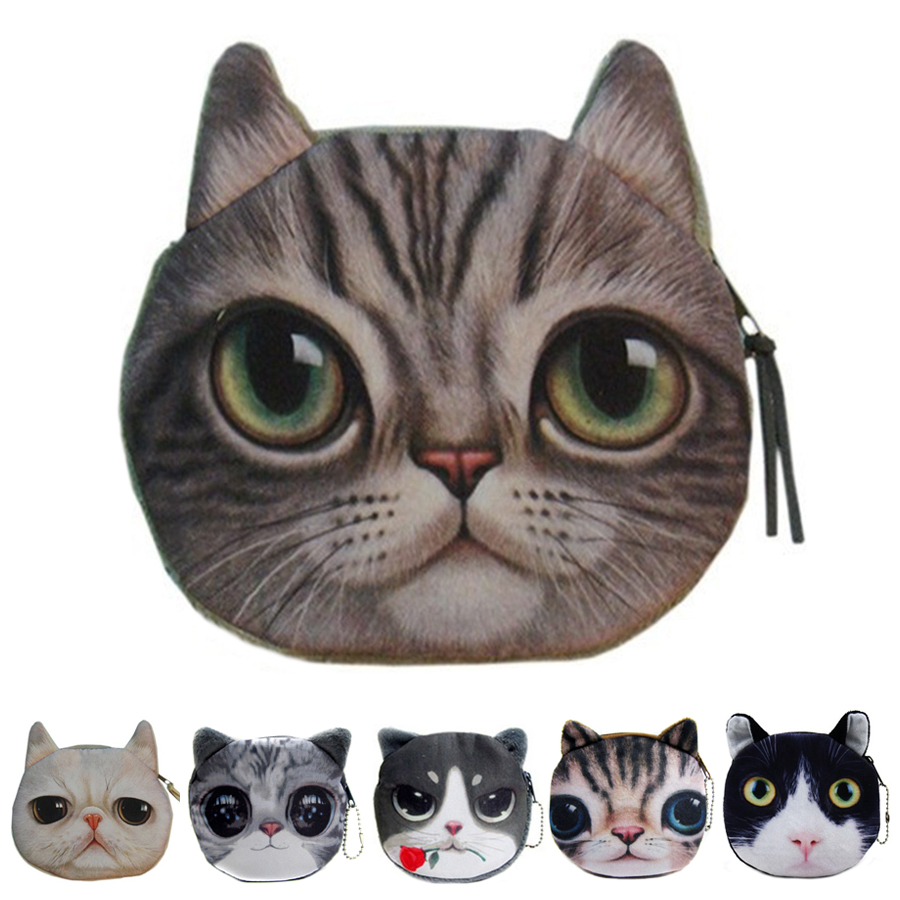 Image of 2016 Top Fashion 3D Cute Cat Face Printing Zipper Coin Purses Women Cartoon Coin Wallets Ladies Makeup Storage Bag