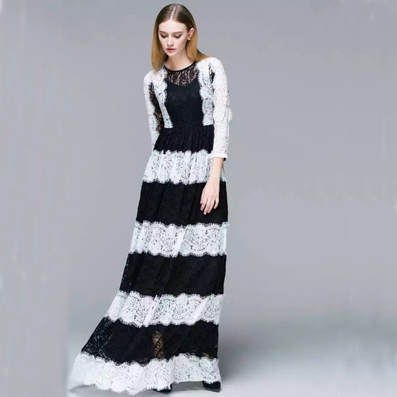 Luxury Dress 2015 New Fashion Autumn Brand Full Sleeve Elegant Slim  Black / White Lace Patchwork Long Dress