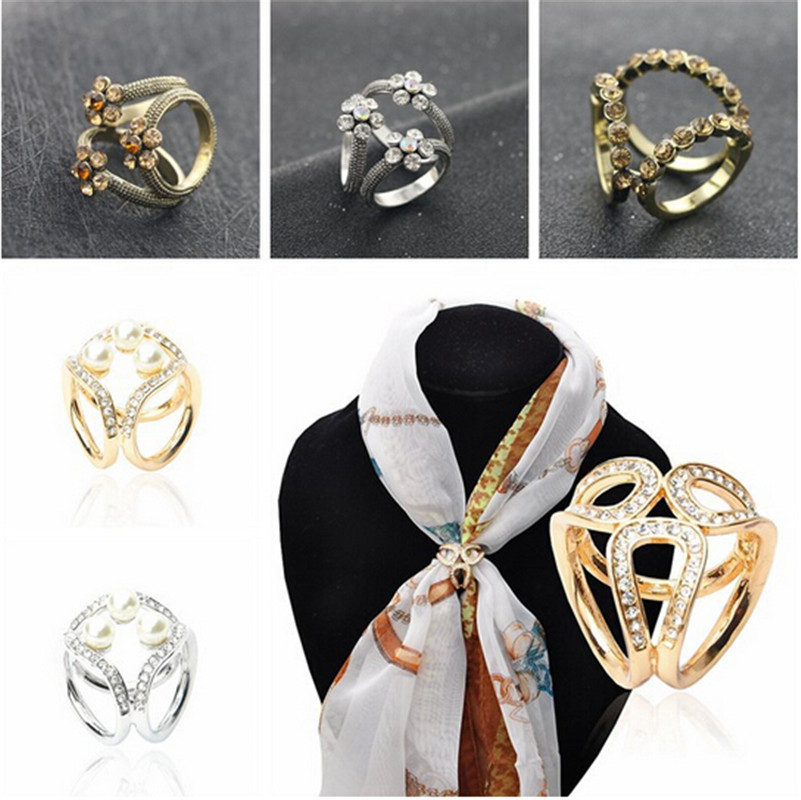 Image of Contracted Brooch Crystal Pearls Tricyclic Scarf Circle Clip Pins Brooch For Women Scarf Accessories Jewelry Wholesale