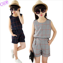 Baby Girls Clothes 2016 Summer Children Clothing Sets Fashion Girl Suits Sleeveless Plaid Vest Tops&Pants 2 Pcs Kids Set vestido